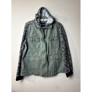 Women's XL Khaki Green Hooded Utility Jacket Contrast Sleeve Chore Granola